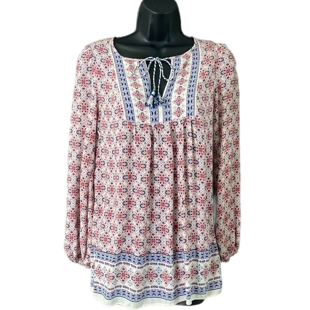 MAX Studio Long Sleeve with Tassle Boho Print Tunic‎ Blouse Shirt Size Small